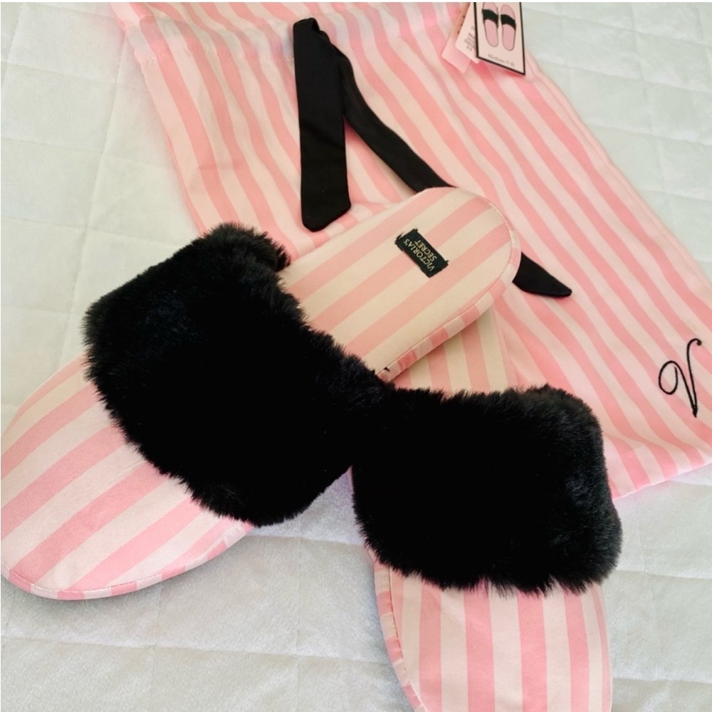 Victoria's Secret Slippers Pink Stripe Black Fur Size 7-8 - Picture 2 of 8